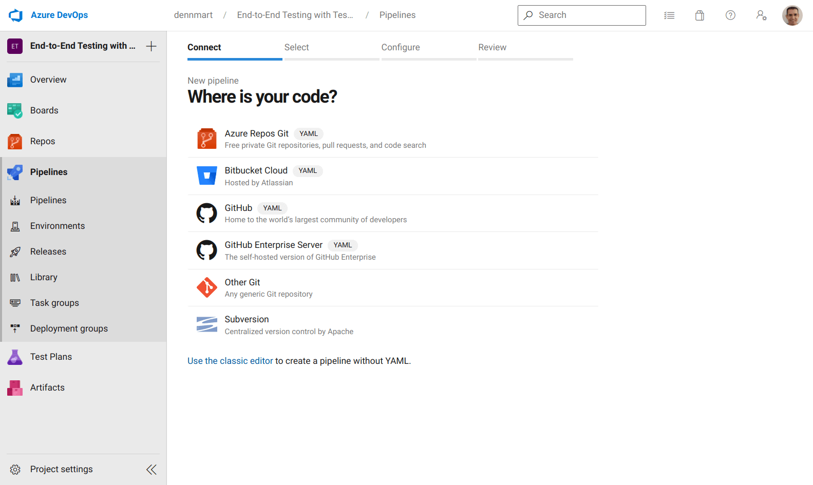 Azure DevOps - Select Code Hosting Service