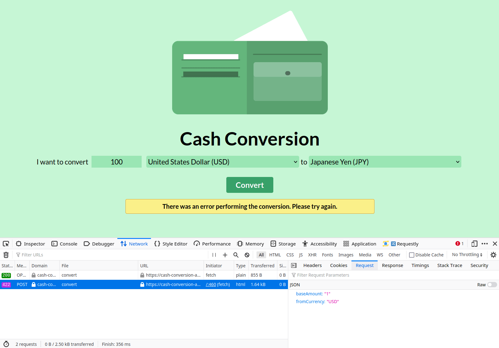 Screenshot: Cash Conversion app with modified request body - missing parameter