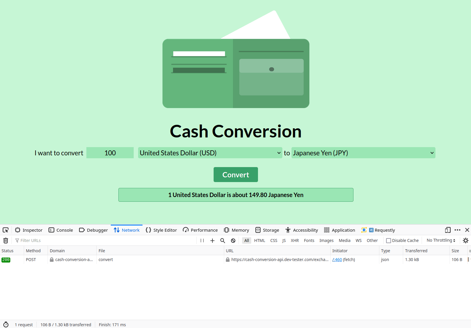 Screenshot: Cash Conversion app with modified request body - different amount