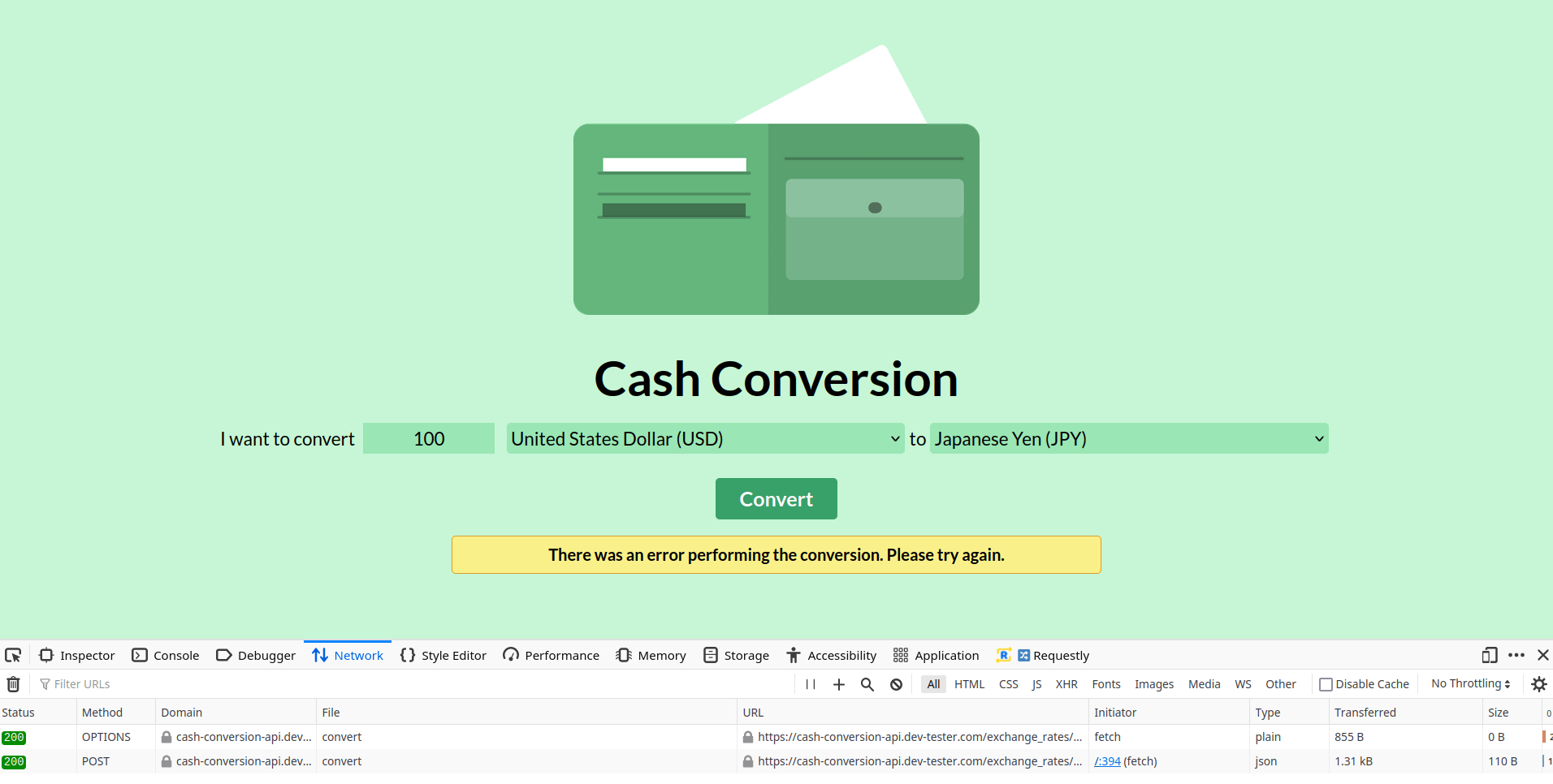 Screenshot: Cash Conversion app with modified API response