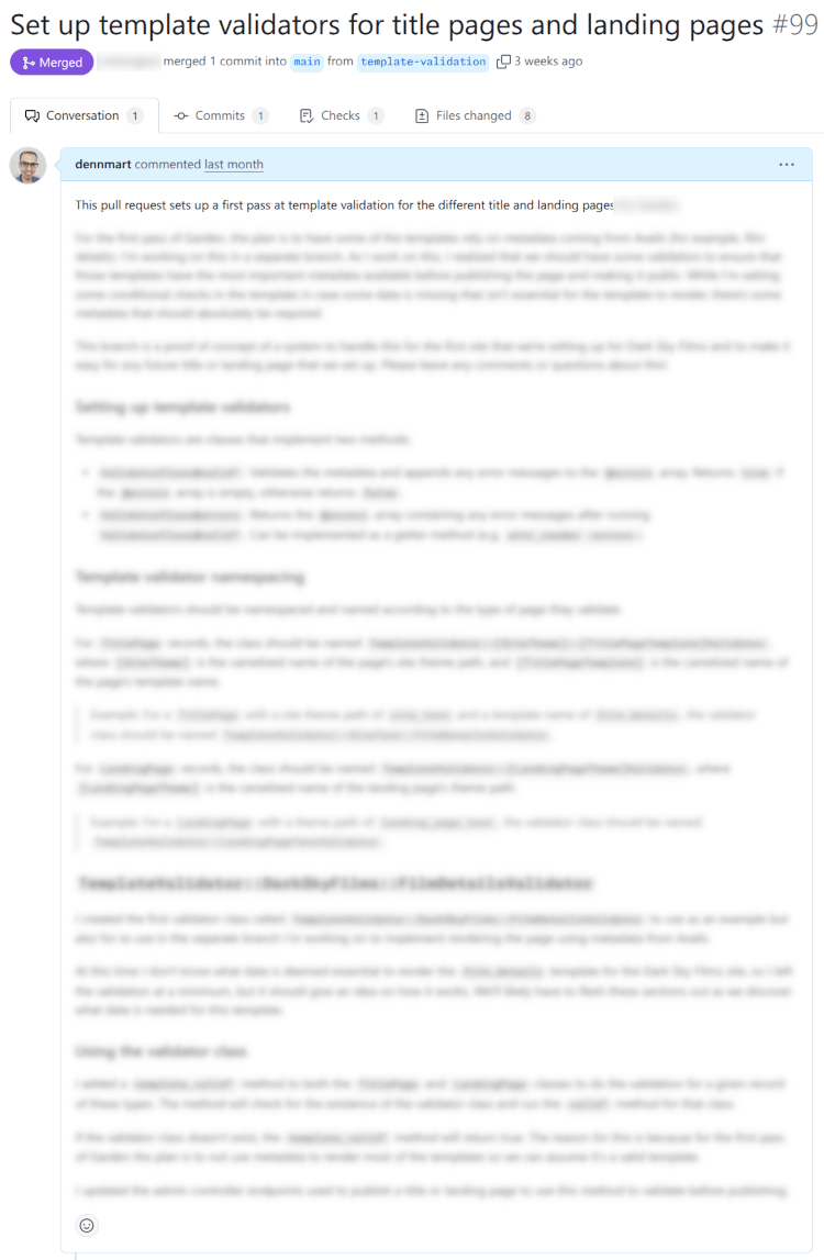 An image of a GitHub pull request description containing blurred-out text